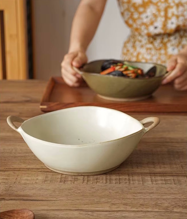 Farmhouse Villa Style Irregular Shaped Ceramic Bowls With Handles