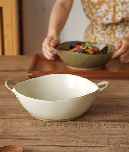 Farmhouse Villa Style Irregular Shaped Ceramic Bowls With Handles