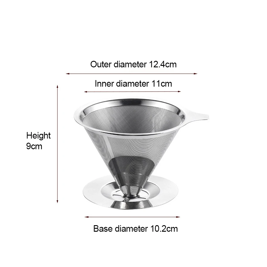 Large Size Stainless Steel Reusable Pour Over Cone Coffee Filter Basket With Base
