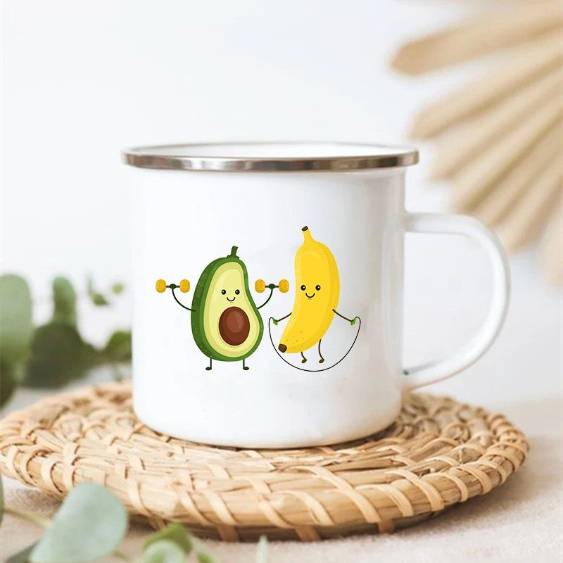 Fitness Friends Adorable Avocado Stainless Steel Enamel Camp Mug With Weight Lifting Avocado And Jump Roping Banana Exercising Together