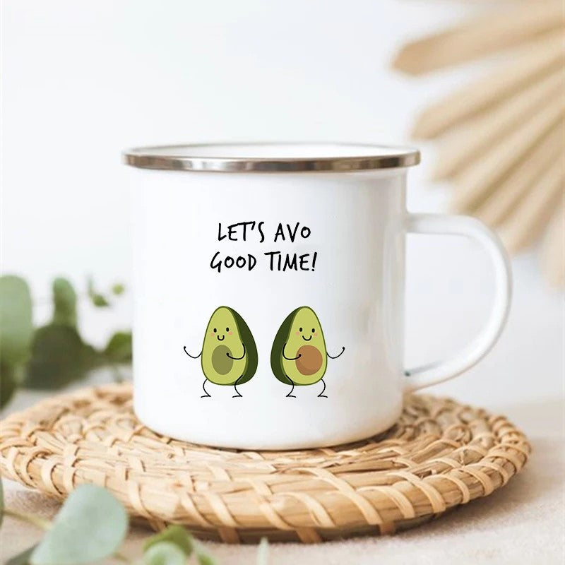 Partycadoes Adorable Avocado Stainless Steel Enamel Camp Mug With Two Dancing Avocadoes And Let's Avo Good Time Foodie Quote