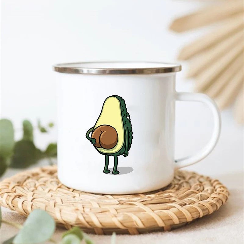 Tushacado Adorable Avocado Stainless Steel Enamel Camp Mug With Waking Up Cartoon Avocado