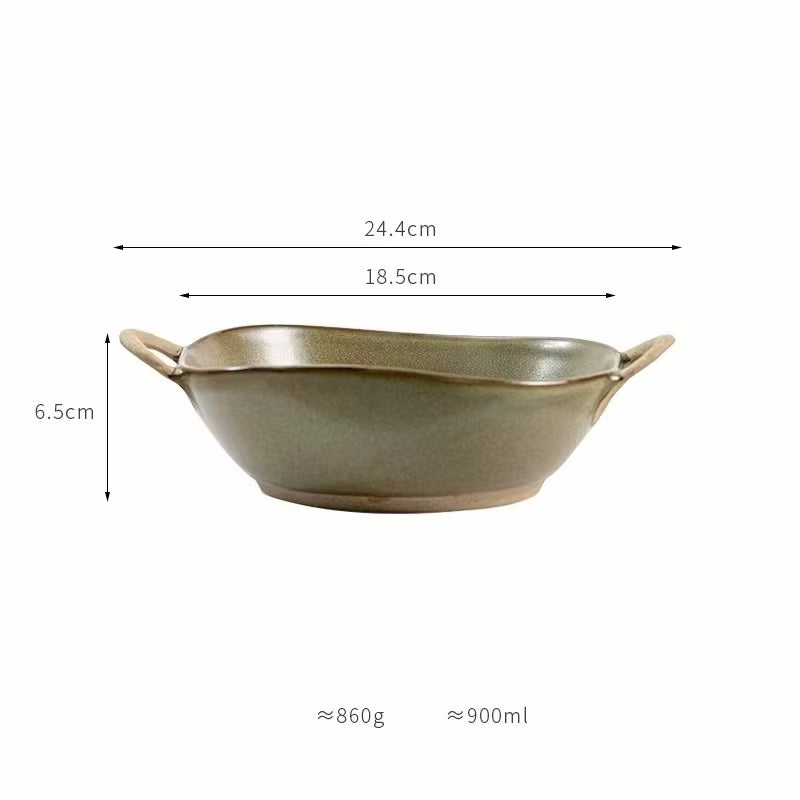 Variant Image Pesto Color Farmhouse Villa Style Irregular Shaped Ceramic Bowl With Handles Sizes