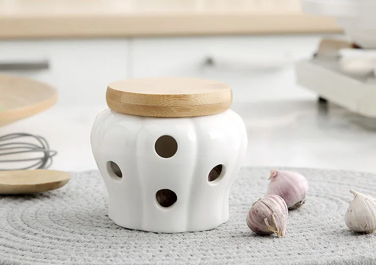 Fresh Garlic Storage Cellar Simply Prefect Ceramic Pot With Bamboo Lid Functional Kitchen Decor