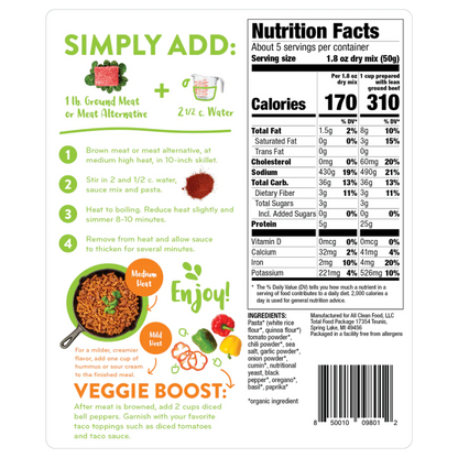 All Clean Food Dairy Free Taco Pasta Easy To Make Dinner Kit Healthy Real Food Ingredients Simple Cooking Instructions And Nutrition Facts