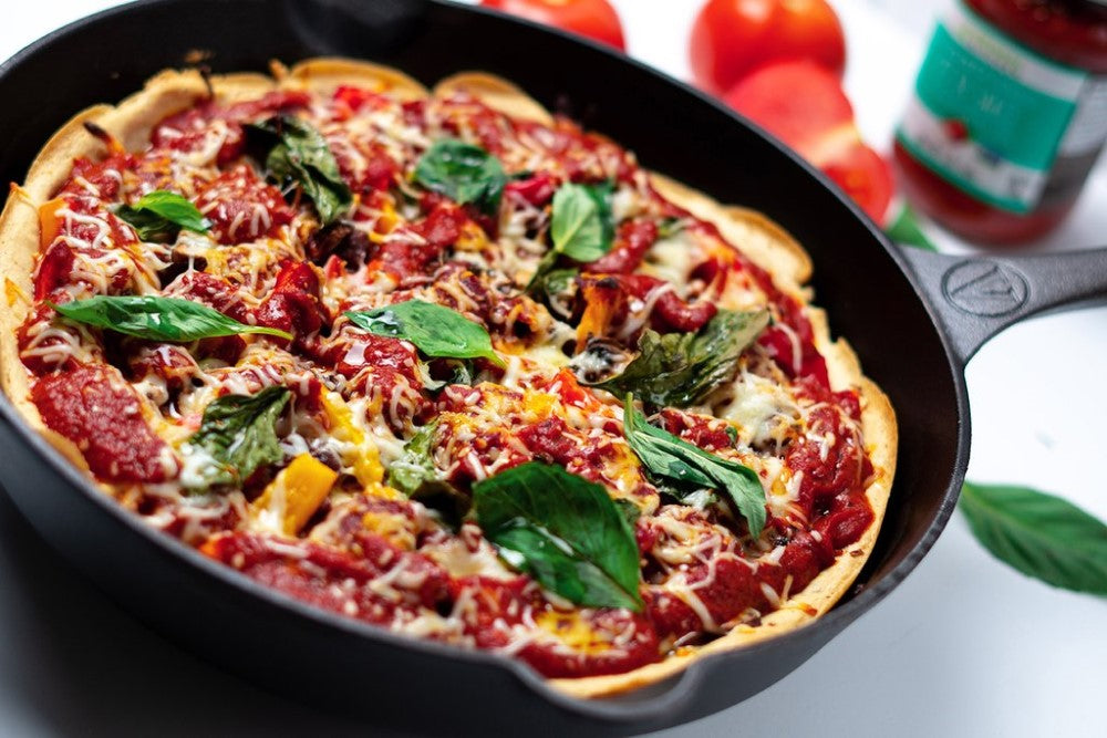 Healthy Deep Dish Grain Free Pizza Primal Kitchen Skillet Pizza Recipe Using Unsweetened Red Sauce With Basil
