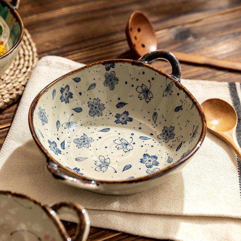 Vintage Farmhouse Style Dishware Irregular Shape Bowls With Handles In Blue Flower Print