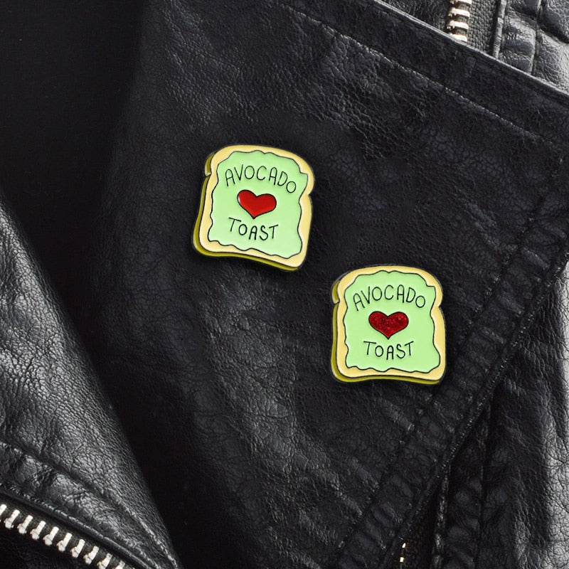 Avocado Toast Lover Lapel Pins On Fashionable Leather Jacket