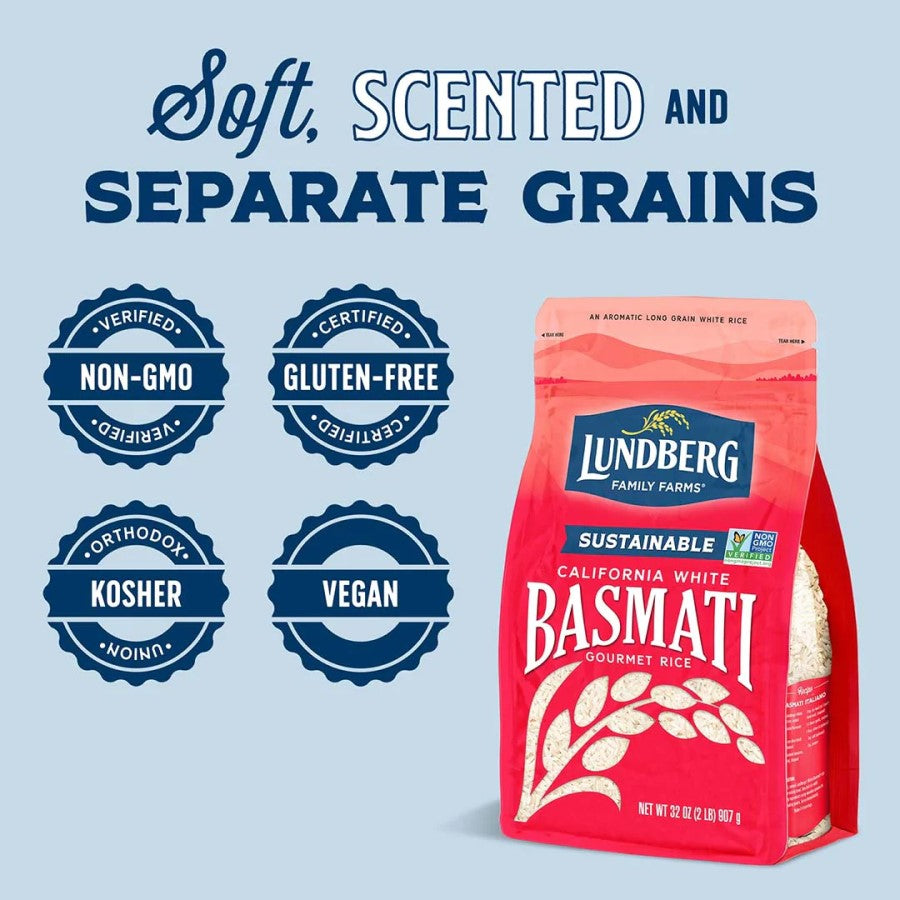 Soft Scented And Separate Grains Non-GMO Gluten Free Vegan Lundberg Sustainable California White Basmati Gourmet Rice