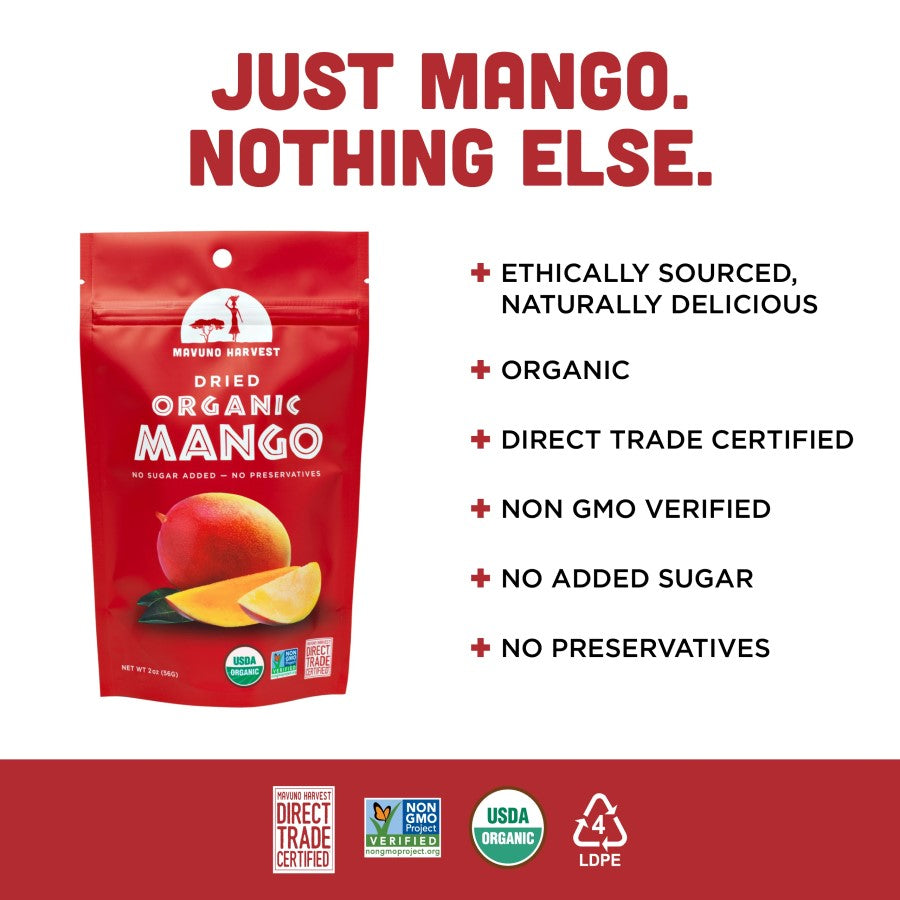 Just Mango Nothing Else Fruit Snack Mavuno Harvest Infographic Organic Non-GMO