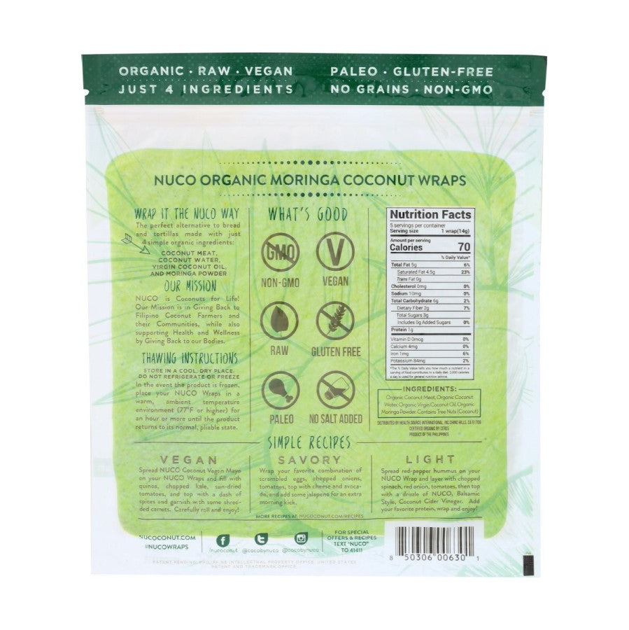 5 Moringa Wraps In Pack NUCO Organic Coconut Wraps Raw Vegan Paleo Gluten Free Non-GMO Just 4 Ingredients