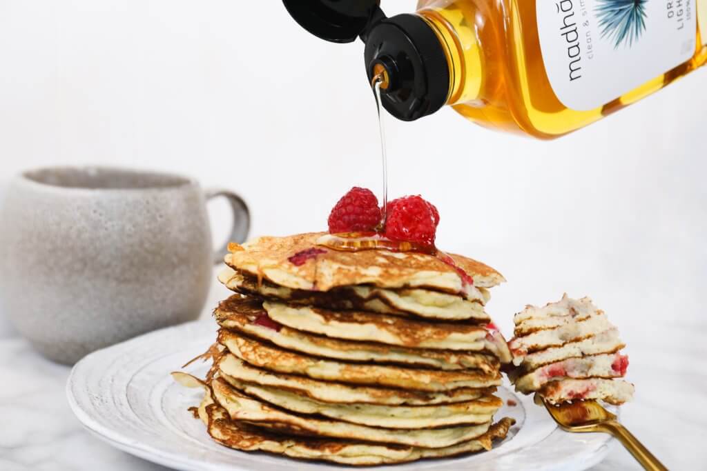 Paleo Lemon Raspberry Pancakes Madhava Recipe Using Light Agave Syrup As Topping
