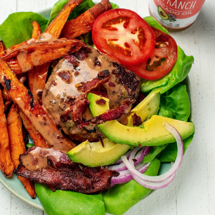 Primal BBQ Ranch Bacon Burger With Sweet Potato Fries Primal Kitchen Recipe Using Barbecue Ranch Dressing