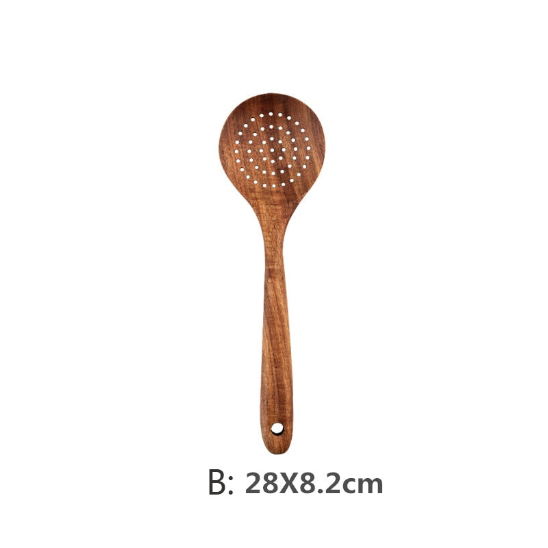 Teak Wood Cooking Utensil B Straining Spoon