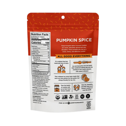 Fall Flavor Clean Snacking Made Delicious Emmys Organics Superfood Bites Autumn Pumpkin Spice Coconut Cookies Non-GMO Ingredients Nutrition Facts
